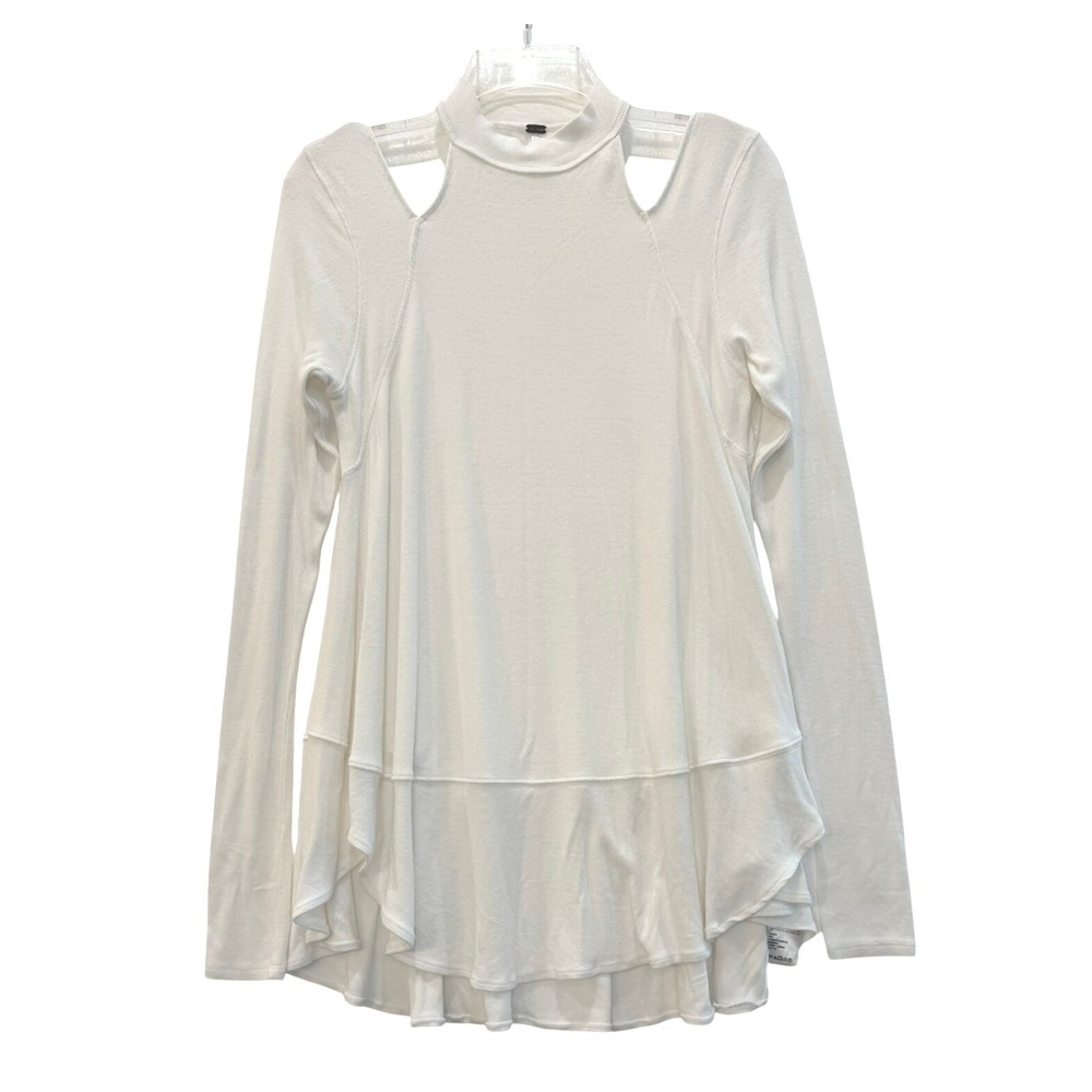 Free People Women White Cold Shoulder Mock Neck Ribbed Peplum Top Small